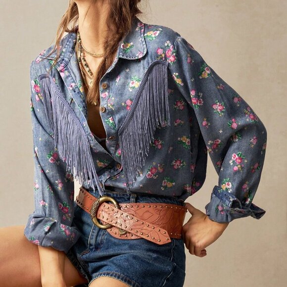 Dark Wash Casual Women's Western fringe floral Printed Loose button down Shirt - Picture 2 of 7